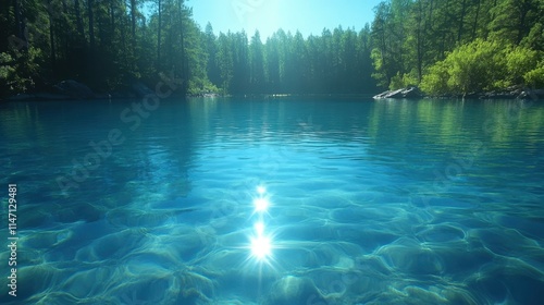 Crystal clear blue freshwater lake with sun reflections in forest, summer nature landscape, outdoor adventure background for travel, relaxation, vacation, calm water, sunny sky, green trees, peaceful