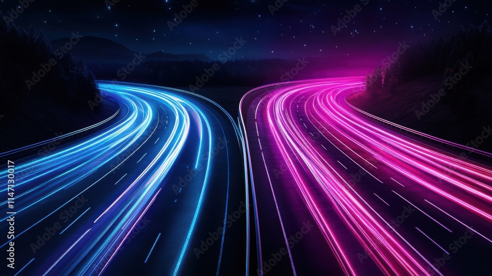 Nighttime Highway with Bright Neon Lights in Blue and Pink Under a Starry Sky Nighttime Highway with Bright Neon Lights in Blue and Pink Under a Starry Sky