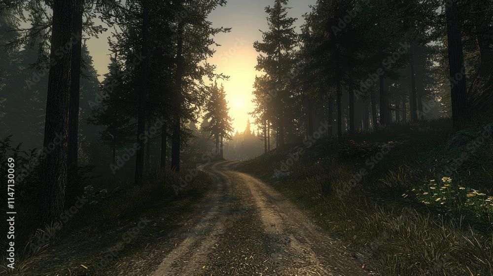 Serene forest path leading into a glowing sunset. Serene forest path leading into a glowing sunset.