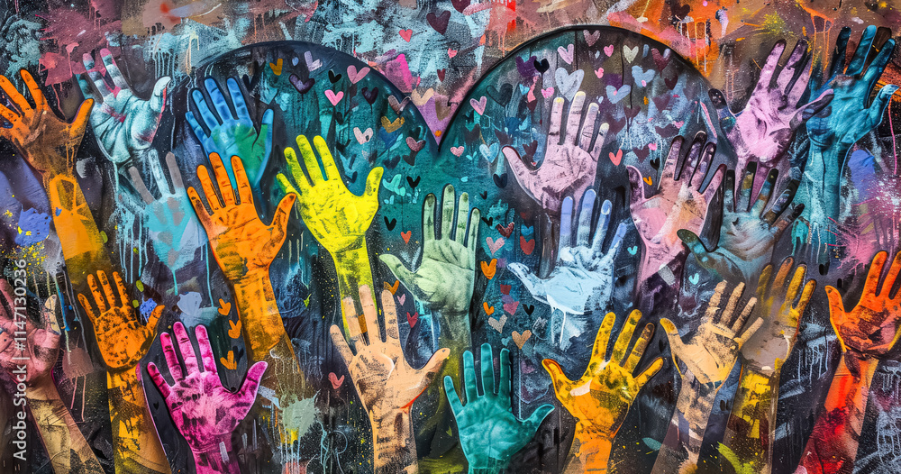 Obraz premium Painting of many hands in a heart shape. The painting is colorful and vibrant, with each hand having a different color. The painting conveys a sense of unity and togetherness