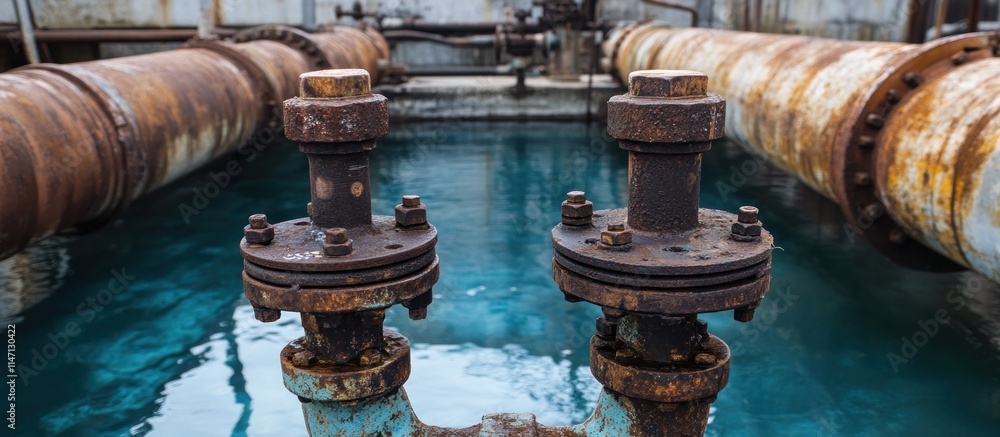 Rusty pipes and valves over pool of water Rusty pipes and valves over pool of water