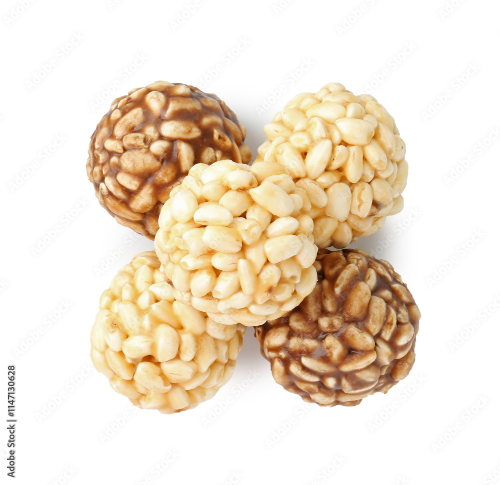 Tasty puffed rice balls isolated on white, top view Tasty puffed rice balls isolated on white, top view