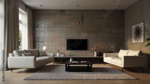 Wallpaper Mural Modern living room with beige sofas, concrete wall, and large TV. Torontodigital.ca