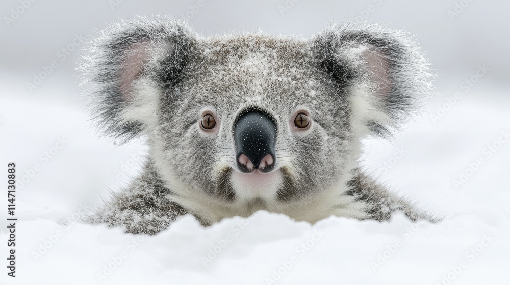 Obraz premium A koala peeking through snow, showcasing its distinct features in a winter landscape.