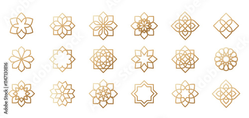 Collection of Arabic oriental floral vector elements. Traditional golden arabesque icons, ornaments and patterns. Abstract flower symbols and logos in ornamental Islamic style.