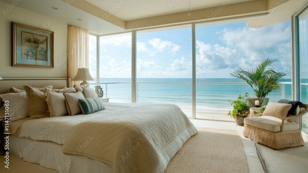 Luxury bedroom with sweeping ocean view, calm coastal decor, airy design, soft beige tones, spacious bed Luxury bedroom with sweeping ocean view, calm coastal decor, airy design, soft beige tones, spacious bed