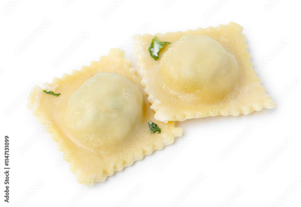 Two delicious ravioli with cheese isolated on white Two delicious ravioli with cheese isolated on white