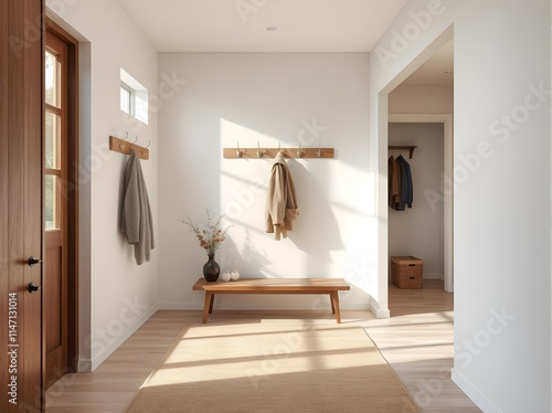 minimalist entryway with sleek white walls, wooden bench, coat rack, and open closet space in natural light