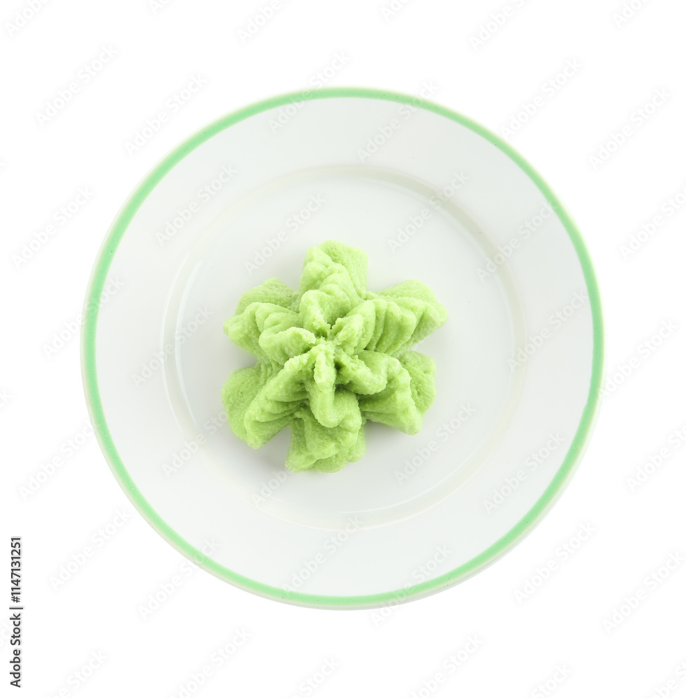 Plate with hot wasabi paste isolated on white, top view Plate with hot wasabi paste isolated on white, top view