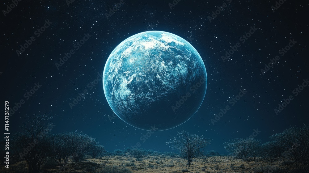 A large, glowing planet dominates a starry night sky over a barren landscape. A large, glowing planet dominates a starry night sky over a barren landscape.
