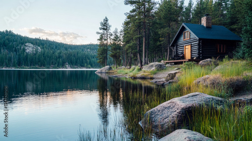 A cozy log cabin stands quietly beside a calm lake, encircled by a lush evergreen forest, evoking a sense of peace, retreat, and connection to nature. photo