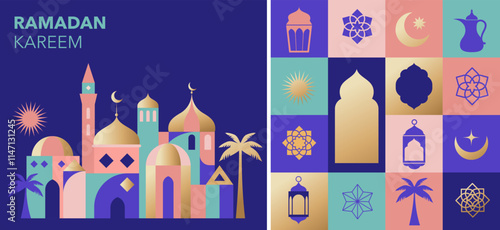 Ramadan Kareem. Modern geometric Islamic greeting card template and wallpaper design. Poster and media banner vector illustration