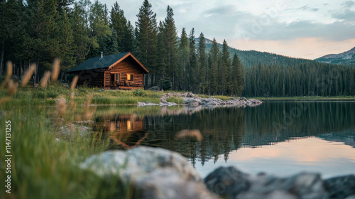 A warm glow emanates from a lakeside log cabin, framed by a serene forest, reflecting in calm waters, creating an inviting atmosphere of warmth and solitude.