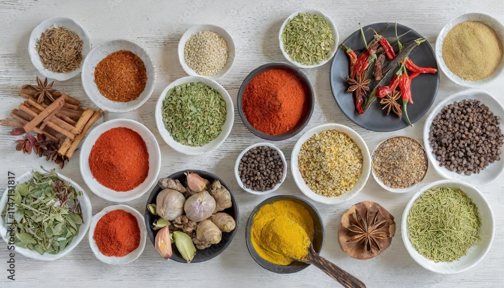 Assortment of Dried Spices in Bowls Ready for Cooking and Culinary Use