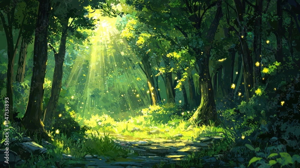 Serene forest illuminated by sunlight and fireflies. Serene forest illuminated by sunlight and fireflies.