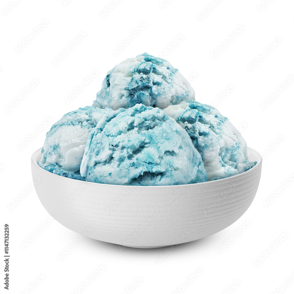 Blueberry ice cream scoops in bowl on white background Blueberry ice cream scoops in bowl on white background