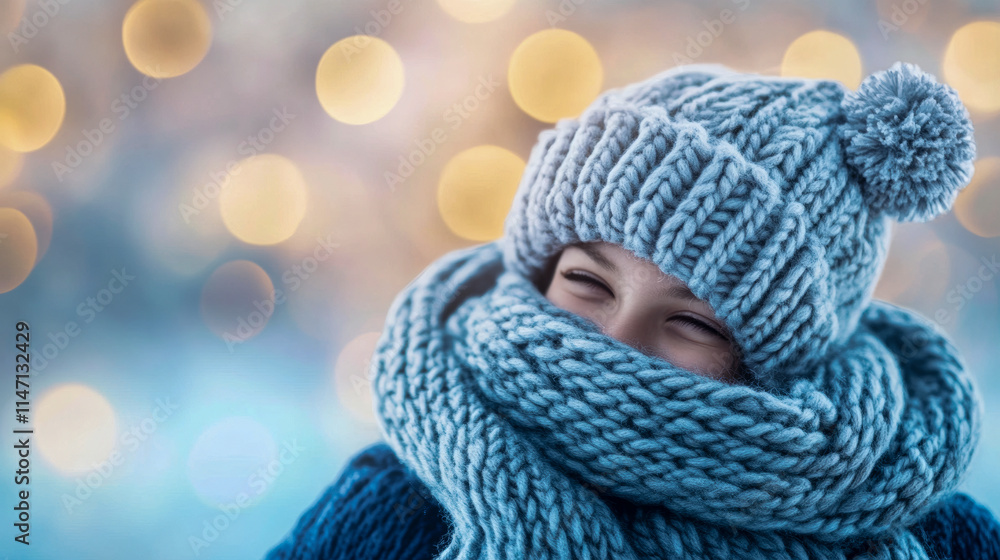 A close-up portrait of a person warmly wrapped in knitted winter clothing against a backdrop of bright, colorful bokeh, capturing the essence of winter warmth. A close-up portrait of a person warmly wrapped in knitted winter clothing against a backdrop of bright, colorful bokeh, capturing the essence of winter warmth.