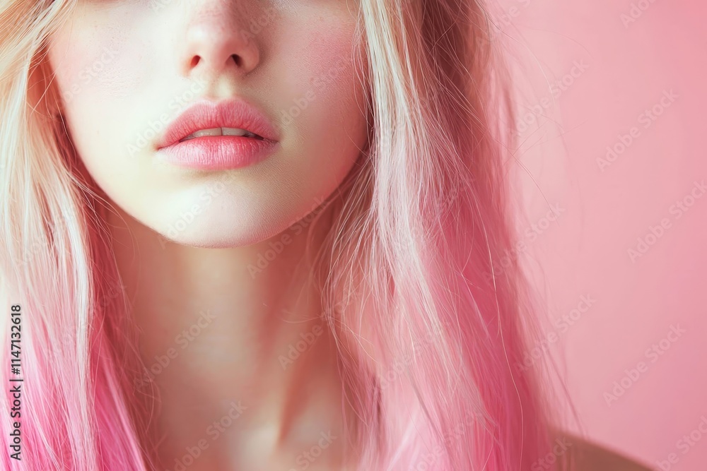 Horizontal portrait of pleasant-looking Caucasian female with long hair, pink on tips. Horizontal portrait of pleasant-looking Caucasian female with long hair, pink on tips.