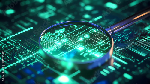 close-up view of a futuristic circuit board illuminated with glowing green lights, with a magnifying glass hovering above it.