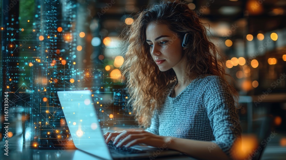 Young female cybersecurity analyst creating digital security protocols in modern workspace Young female cybersecurity analyst creating digital security protocols in modern workspace
