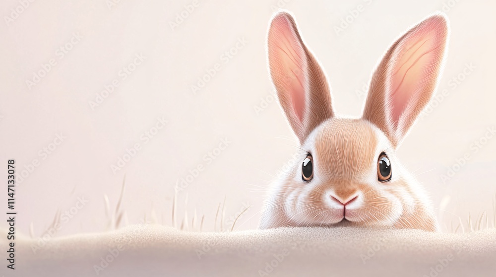 Obraz premium A cute cartoon rabbit peeks over a soft surface, its large expressive eyes capturing attention with an adorable appearance.