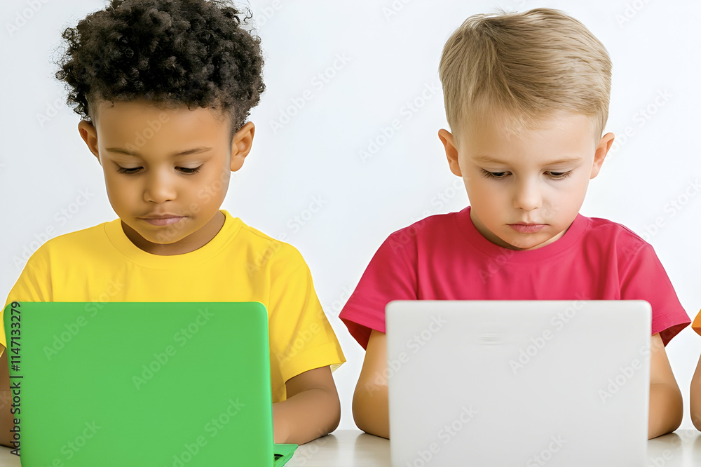 Young learners focus intently on their laptops while seated together in a bright environment Young learners focus intently on their laptops while seated together in a bright environment