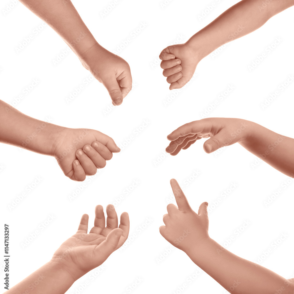 Kids showing hands on white background, closeup Kids showing hands on white background, closeup