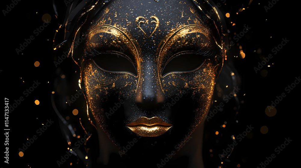 Elegant black and gold venetian mask with glitter and bokeh. Venetian. Illustration Elegant black and gold venetian mask with glitter and bokeh. Venetian. Illustration