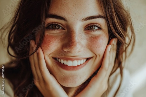 Woman with brunette hair smiles brightly while delicately touching her face with cream.