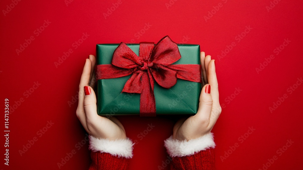 Female hands holding a beautifully wrapped green gift with a red bow against a vibrant red background. Female hands holding a beautifully wrapped green gift with a red bow against a vibrant red background.