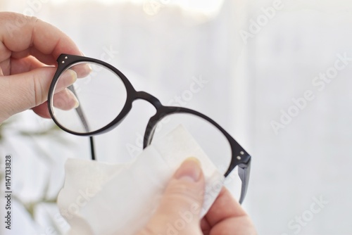 Quadro su tela A woman wipes her glasses with a special wet disposable wipe