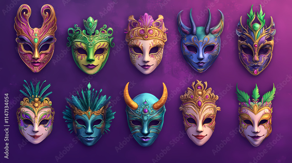 Festive grouping of mardi gras, venetian or carnivale mask illsutration on a purple background. generating ai. Venetian. Illustration Festive grouping of mardi gras, venetian or carnivale mask illsutration on a purple background. generating ai. Venetian. Illustration