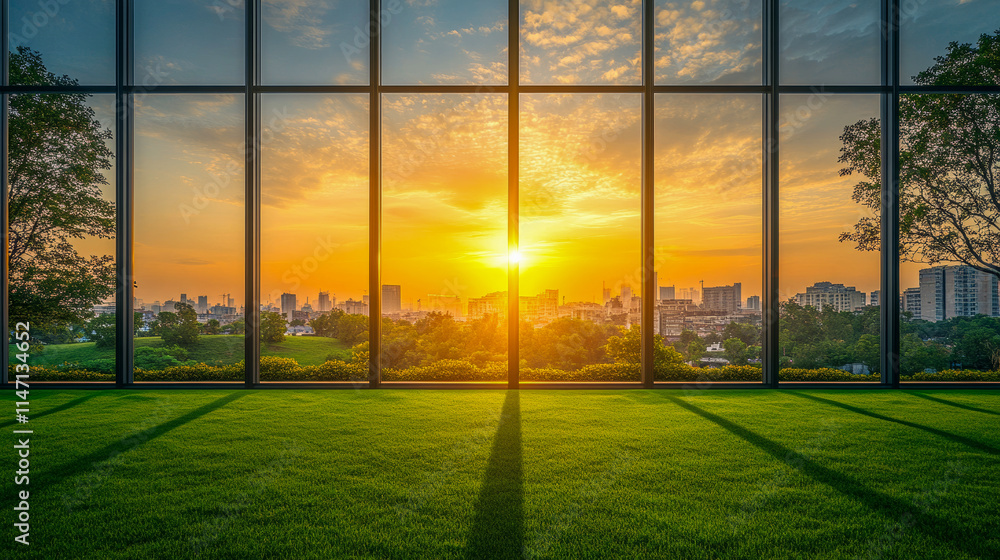 Fototapeta premium A wide, serene view of a sprawling green lawn seen through a large window, capturing a panorama of sunset transforming the cityscape into a warm vista.