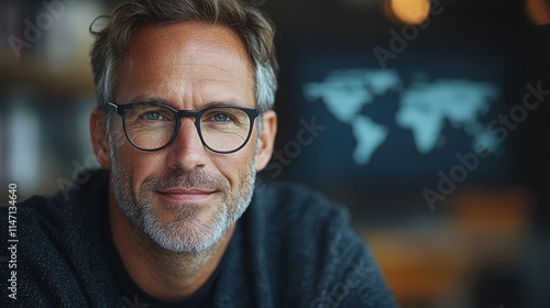 A smiling man with glasses in a cozy environment.