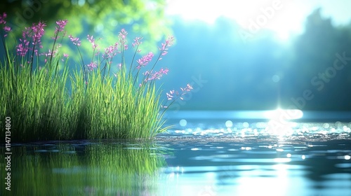 Bright green grass with pink wildflowers by peaceful water surface reflecting sunlight, perfect for nature backgrounds, relaxation, wellness themes, outdoor scenery, morning calm, serene blue and gre
