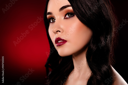 Wallpaper Mural Close up cropped portrait of hot lovely model woman shiny visage empty space isolated on dark burgundy background Torontodigital.ca