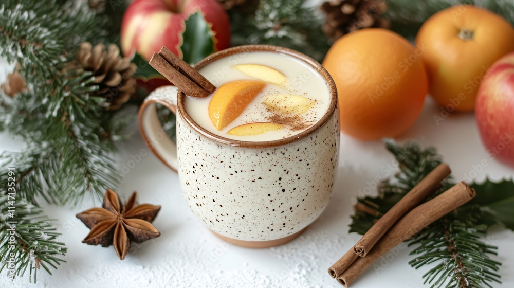 A cozy cup of spiced apple drink garnished with cinnamon and fresh fruits, surrounded by festive greenery. A cozy cup of spiced apple drink garnished with cinnamon and fresh fruits, surrounded by festive greenery.