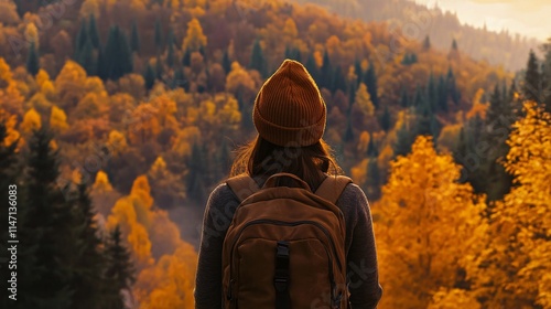 A young woman with a brown beanie gazes at a vibrant autumn landscape, surrounded by colorful trees and a serene atmosphere.