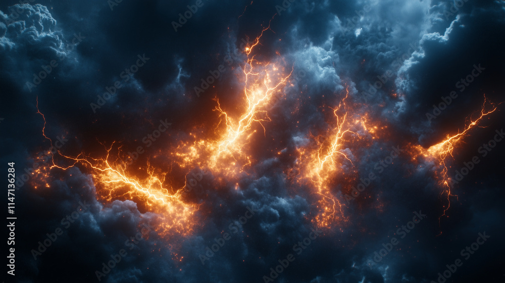 Lightning in they clouds, explosion of fire, background for design Lightning in they clouds, explosion of fire, background for design