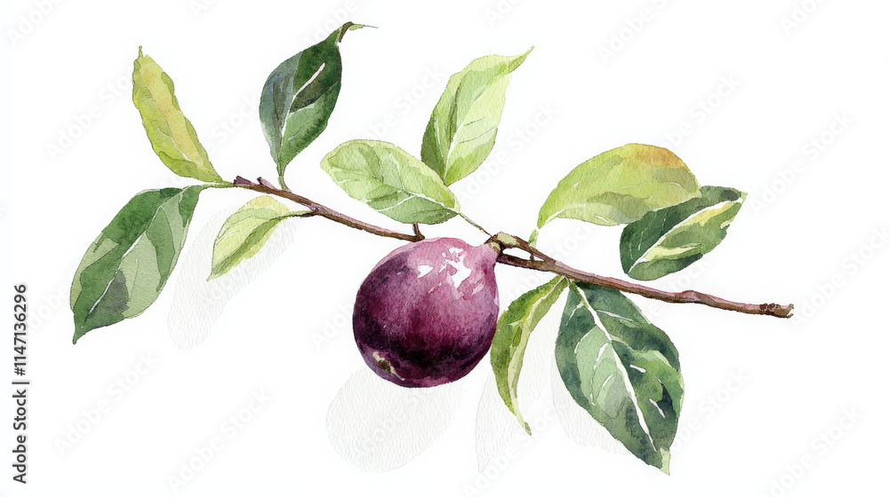 Watercolor painting of plum with green leaves on branch Watercolor painting of plum with green leaves on branch