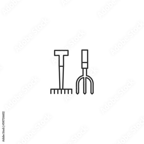 Simple line icons of gardening tools rake and pitchfork