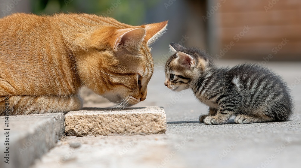 Ginger cat meeting a striped kitten face to face Ginger cat meeting a striped kitten face to face