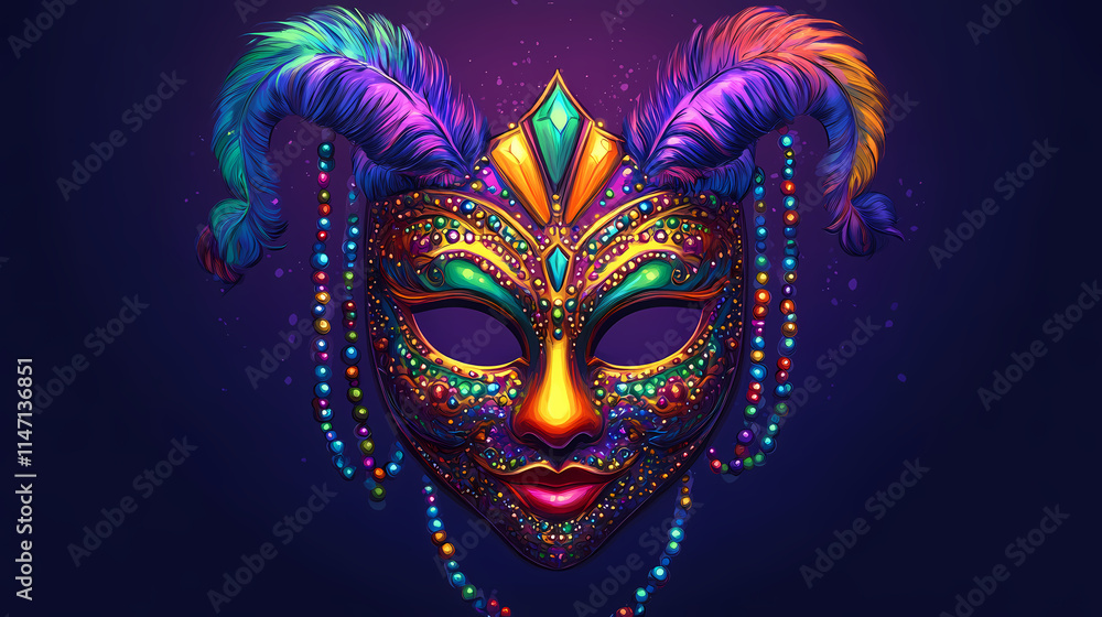 A vibrant mardi gras mask with colorful beads on a deep purple background. Venetian. Illustration A vibrant mardi gras mask with colorful beads on a deep purple background. Venetian. Illustration