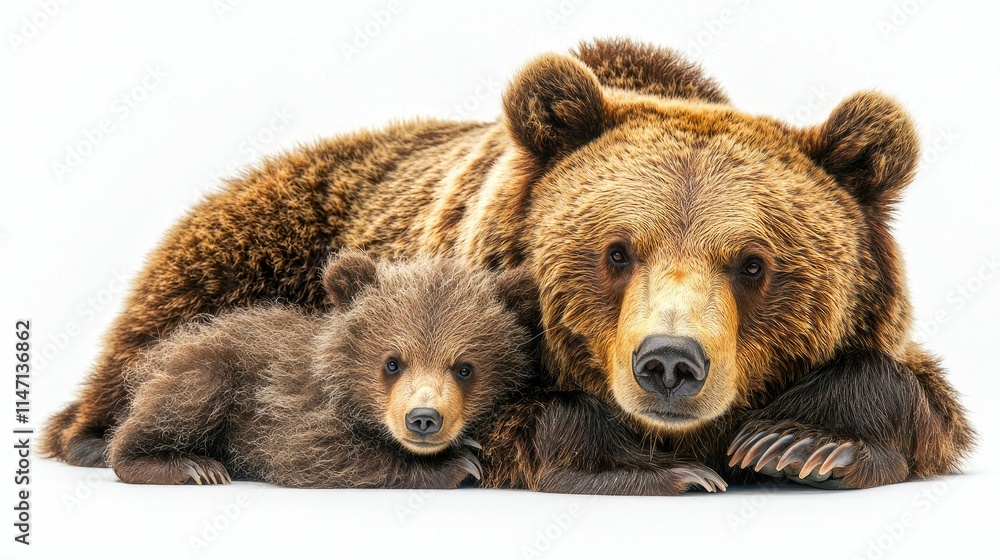 Fototapeta premium A mother bear and her cub resting together, showcasing their bond and tenderness.