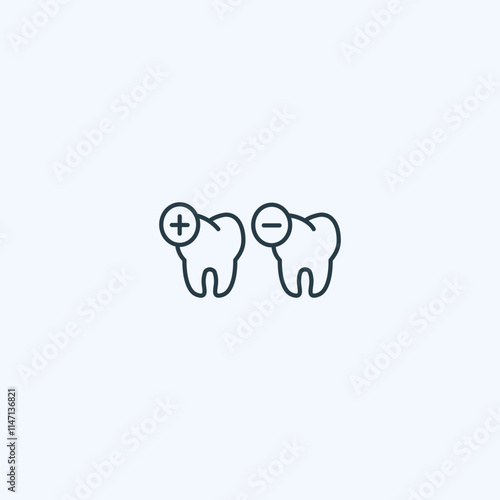 Minimalist icons of tooth with plus and minus signs on light background