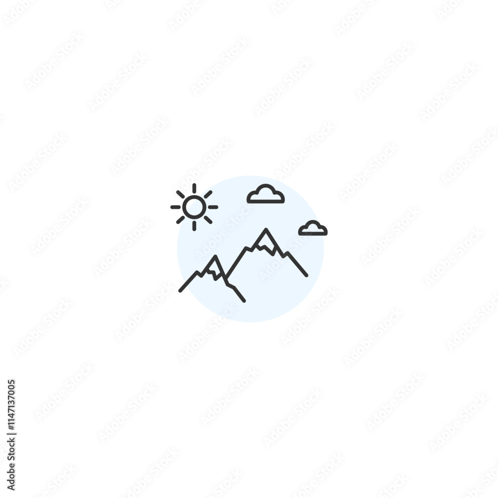 Fototapeta premium Minimalist mountain landscape icon with sun and clouds