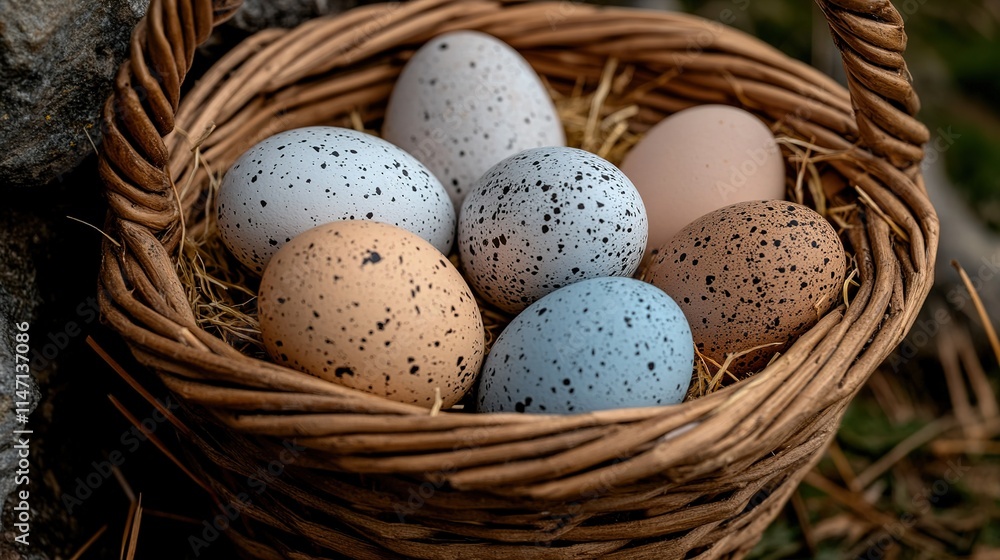Easter eggs with black speckles resting in a wicker basket Easter eggs with black speckles resting in a wicker basket
