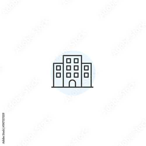 Minimalist icon of office building with symmetrical windows and central entrance