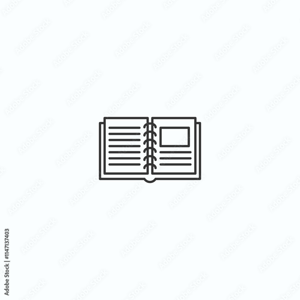 Minimalist open journal with lines and photo frame icon on white background Minimalist open journal with lines and photo frame icon on white background