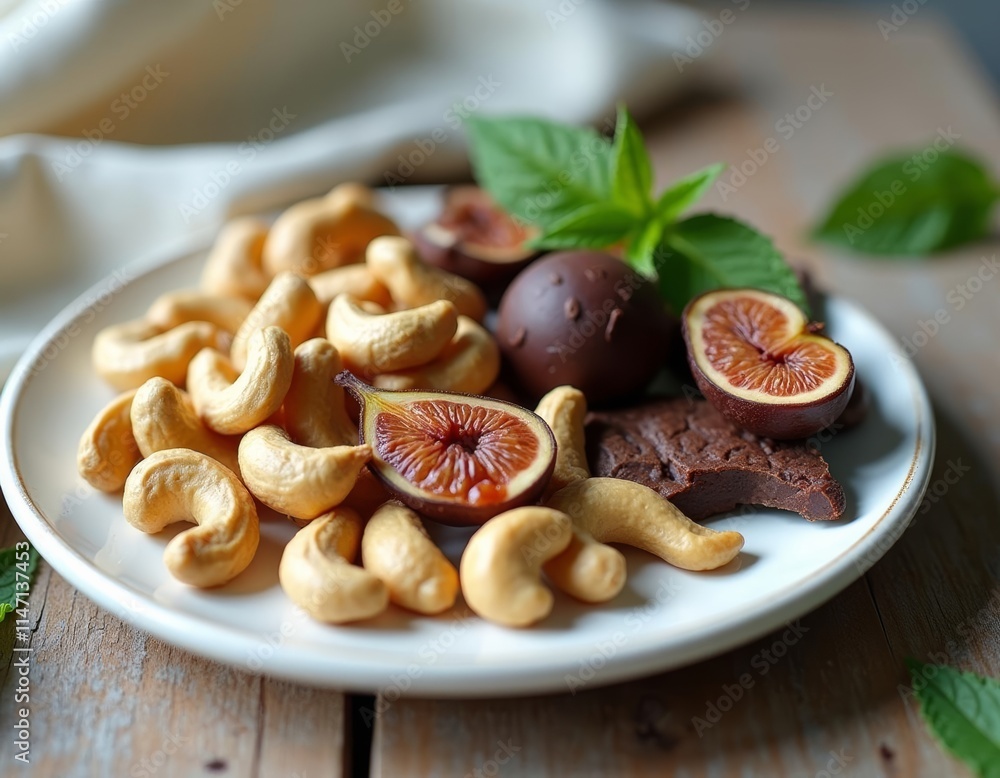 Delicious Plate of Cashews, Figs, Chocolate Treats, and Fresh Mint Leaves Set on a Rustic Wooden Table Delicious Plate of Cashews, Figs, Chocolate Treats, and Fresh Mint Leaves Set on a Rustic Wooden Table
